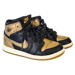 Toddler 10C Nike AIR JORDAN 1 Retro High OG TD Black Metallic Gold Hi Top Shoes